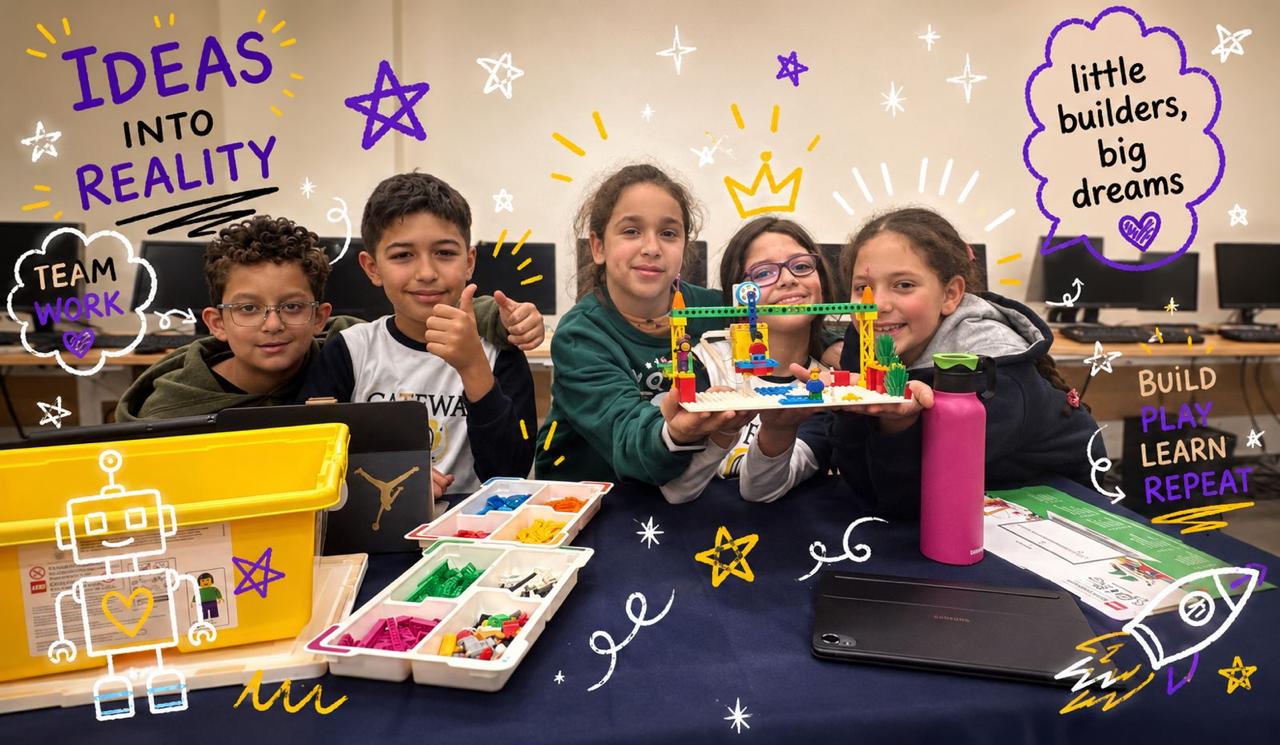 StarKiddo students proudly showing their LEGO robotics build in a coding lab — ideas into reality, little builders with big dreams